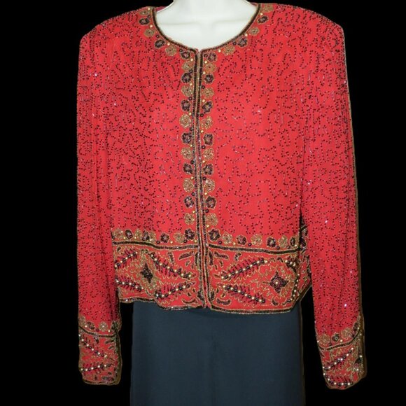 Laurence Kazar Red/Gold/Black Beaded Top Jacket Crop Silk Evening Formal Size XL - Picture 1 of 10